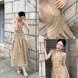 Đầm Cổ V Đính Khuy Form Dài Đuôi Xoè (Hình Thật) Váy Maxi Dài Vintage Sang Chảnh