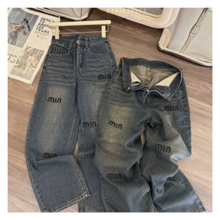 ( 93cm 1m45-1m56 ) SIZE S-XL Quần Jean Suông thêu chữ Vải QCCC. Quần Jean Lưng Cao Ống Rộng Nấm Lùn