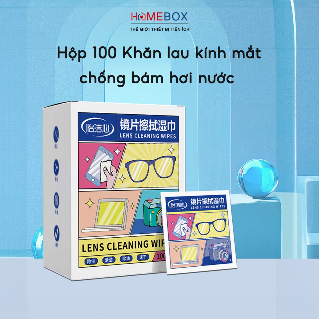 Hộp 100 Khăn lau kính mắt kính cận, Giấy lau kính nano chống sương mờ vân tay, bụi bẩn tiện lợi