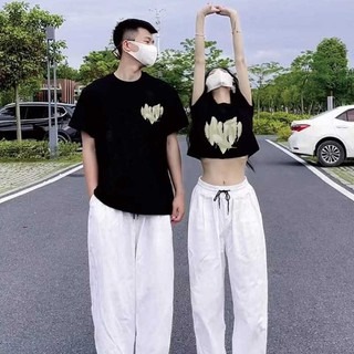 Áo thun cặp đôi nam nữ , Áo Phông form rộng In Trái Tim Lông vũ Chất Liệu Polyste 2 mầu đen Trắng