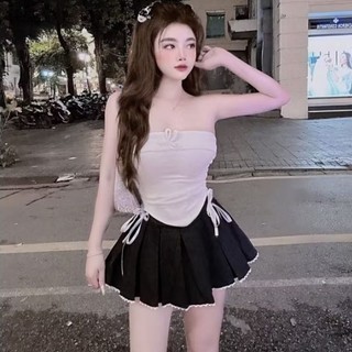 Sét áo ống cúp ngực & chân váy xếp ly đính nơ