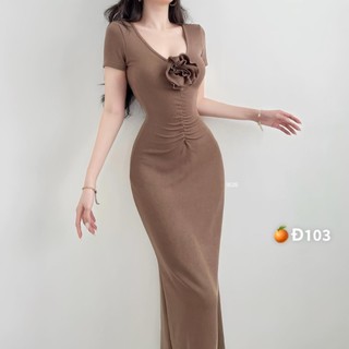 Đầm cổ V tay ngắn đính hoa giữa ngực , dáng dài đuôi cá trơn cực xinh