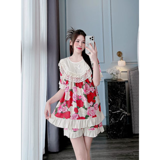 Đồ bộ- set ngủ mặc nhà pijama tiểu thư HOA ĐỎ REN lụa xước mát