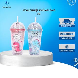 Ly Giữ Nhiệt Khủng Long 3D Kim Tuyến Nhiều Màu Sắc, Cốc Uống Nước Khủng long 3D 450ML kèm Ống Hút