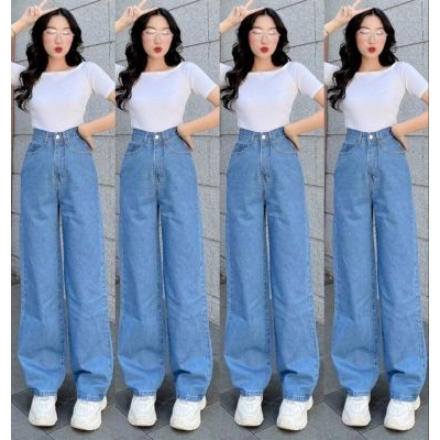 Quần Jean Nữ Ống Suông Quần Bò Nữ Ống Rộng Lưng Cao Vải Cotton Dày Dặn Mềm Mịn Không Phai Màu