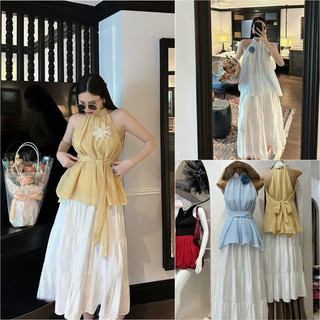 Set yếm tơ đũi maxi kèm hoa rdy
