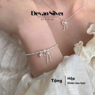Lắc tay bạc nữ Devan, lắc tay nữ nơ mix trái tim hồng, vòng tay bạc nữ sang trọng, lấp lánh