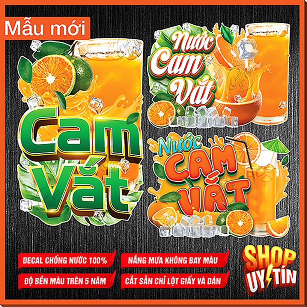 Decal nước CAM VẮT sticker hình dán ép cam tươi nước trái cây dán tường trang trí xe đẩy quán nước