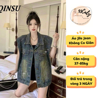 Áo Gile Jean Nữ Đính Đá Blinh, áo sơ mi bò nữ không tay cổ bẻ đính họa tiết