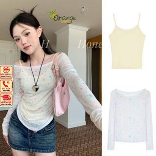 Set Áo Len Thun Mỏng Họa Tiết Ngôi Sao Xuyên Thấu Và Áo 2 Dây Vàng Trơn Nữ Năng Động Hàng Qccc Hot 2024 Orangecloset