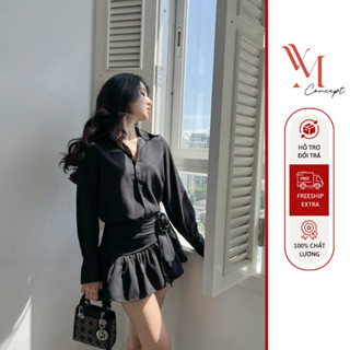 Sét Áo Sơ Mi Tay Dài Chân Váy Vạt Xéo Đính Hoa Đi Tiệc, Đi Làm - D0894