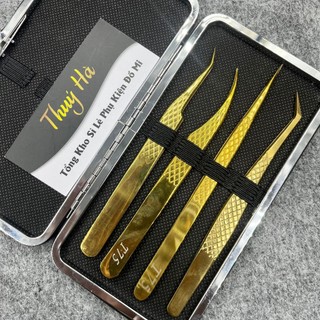Nhíp nối mi Classic Caro Vàng mũi phủ nhám Nano + Tách mi cá heo_dụng cụ nối mi_keo nối mi_Thúy Hà