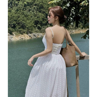 ĐẦM MIDI TRẮNG REN HOA 2S ĐAN DÂY LƯNG