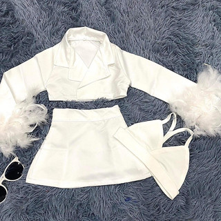 Set vest tay gắn lông vũ  và chân váy chữ A kèm áo bra bên trong sành điệu cho bé gái size từ 7-35kg