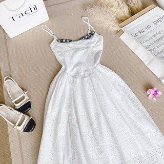 ĐẦM MIDI TRẮNG REN HOA 2S ĐAN DÂY LƯNG