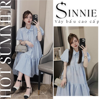  Váy bầu xinh đầm bầu mùa hè dáng babydoll thiết kế cổ sơ mi tay bồng tiểu thư xinh xắn váy hottrend hè 2024 