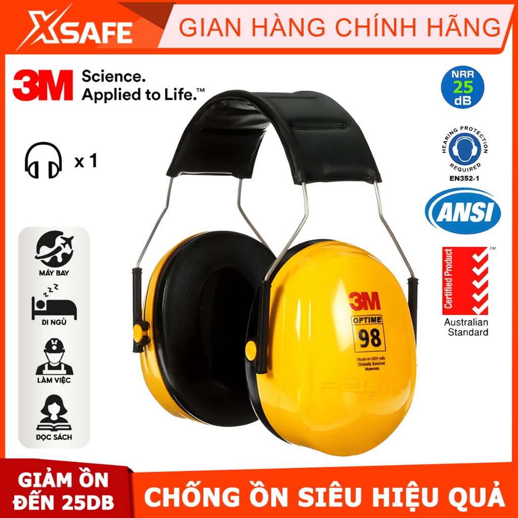 Chụp tai chống ồn 3M H9A đeo qua đầu, độ giảm ồn 25dB, ôm kín khít vành tai người dùng