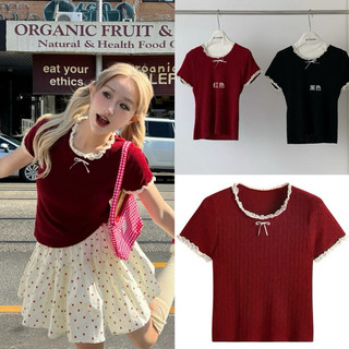  Áo thun baby tee đính nơ,áo phông nơ viền ren đính nơ chất cotton co giãn cực tôn dáng phong cách Hàn 