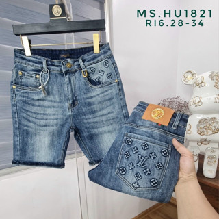 Quần short jean nam màu xanh nhạt trơn in dập nổi lv sau túi chất denim co dãn nhẹ HH STORE 1821