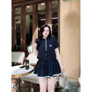 Set kẻ ngắn tay cổ tàu cúc đồng phối viền ren chun eo tiểu thư sang chảnh bigsize mã S122