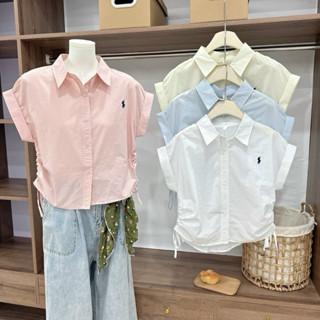 Áo sơ mi, áo nữ có cổ cộc tay kiểu dáng basic thêu hình ngựa xinh xắn có dây rút 2 bên xoắn eo điệu đà dễ phối đồ