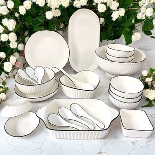 Bát đĩa sứ trắng viền đen sang trọng, Khay sứ, đĩa vuông, bát cơm Seka