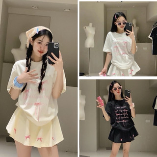 SET ÁO THUN FOM RỘNG IN CHỮ ĐÍNH NƠ SIÊU ĐẸP KÈM CHÂN VÁY XOÈ XINH VX4/LALA1
