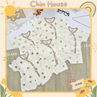 Combo 5 bộ cộc tay vạt lệch cho bé sơ sinh, bộ cộc tay vạt lệch thun lạnh phối viền hoạ tiết đáng yêu cho bé