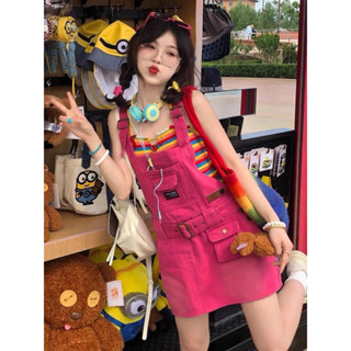[Có sẵn] Set Yếm Hồng Dâu Phối Áo Hai Dây Và Khăn Cổ Cầu Vồng Phong Cách Dopamine