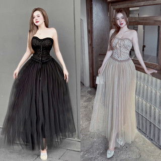 Set đầm thiết kế áo gấm đính nơ phối chân váy lưới dài