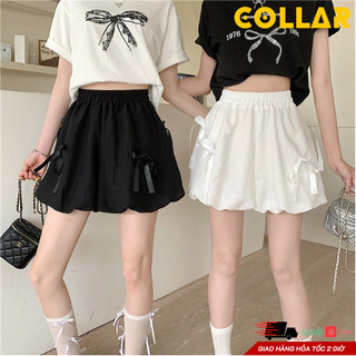 Quần short đùi nữ đính nơ phồng COLLAR, quần đùi cạp chun vải đũi mềm mát lên dáng siêu xinh