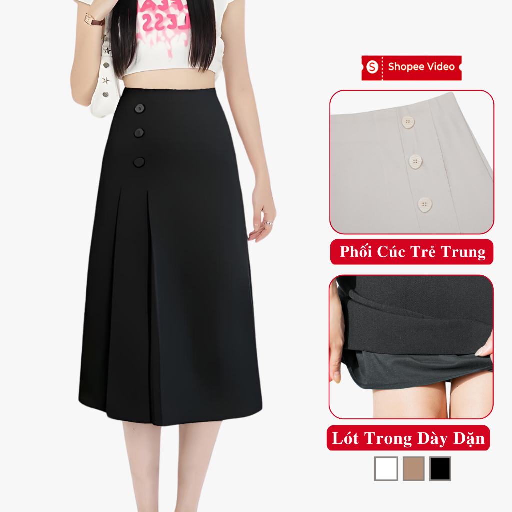Chân Váy Xếp Ly Dáng Dài Madela Phối 3 Ly To Lệch Tà. Váy Xếp Ly Dài Công Sở Kiểu Chữ A Dài Lệch Tà