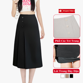Chân Váy Xếp Ly Dáng Dài Madela Phối 3 Ly To Lệch Tà. Váy Xếp Ly Dài Công Sở Kiểu Chữ A Dài Lệch Tà