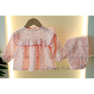 Bộ dài tay cánh tiên viền cho bé gái vải xô Muslin hàn cao cấp.