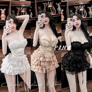 Set váy voan tơ áo cúp ngực rút dây váy xòe xếp tầng phong cách sexy sang chảnh , chất vải chuẩn shop