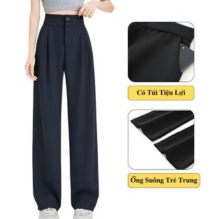 Quần Ống Rộng Cạp Cao Madela Ôm Eo Tôn Dáng, Quần Tây Ống Suông Khóa Trước Có Cúc Phong Cách Công Sở