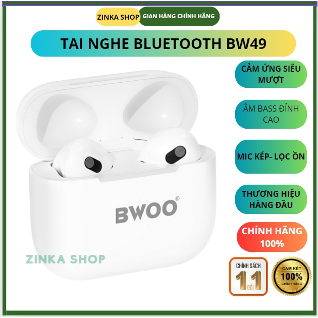 Tai nghe BLUETOOTH BW49 chính hãng BWOO micro kép hỗ trợ sạc không dây bảo hành 6 tháng ZINKA