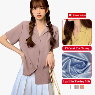 Áo Sơ Mi Lụa Nữ Cổ Vest Cộc Tay Mùa Hè Madela, Sơ Mi Ngắn Tay Cổ Vest Nữ Trẻ Trung Chất Lụa Hàn Cao Cấp