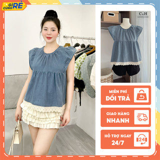 Áo sơ mi bò nữ Tay Hến vạt áo viền ren Form vừa Chất áo Jean mềm thoáng mát C&H Clothing
