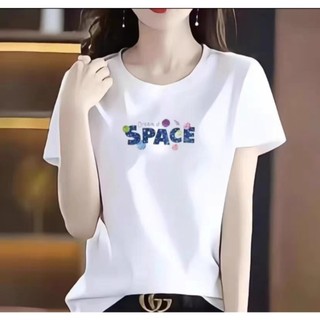 Áo thun cổ tròn in chữ SPACE chất cotton co giản 4 chiều