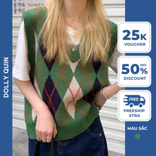Áo Len Gile Nữ Mỏng Cổ Tim Không Tay Ngắn Dáng Rộng Họa Tiết Quả Trám Màu Xanh Tôn Da A006 Dolly Quin