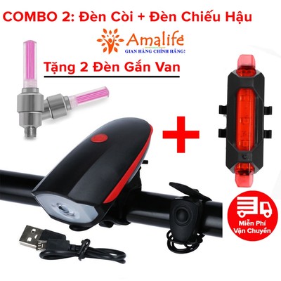 Combo Đèn Xe Đạp Thể Thao Siêu Sáng Có Còi Pin Sạc Chống Nước + Đèn Chiếu Hậu Cảnh Báo H02 TẶNG 2 ĐÈN GẮN VAN XE Amalife