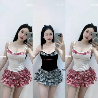 ML98- combo 3 món, sét áo váy carro, sét áo dây a kèm áo trong carro có mút ngực, phối chân váy carro tầng