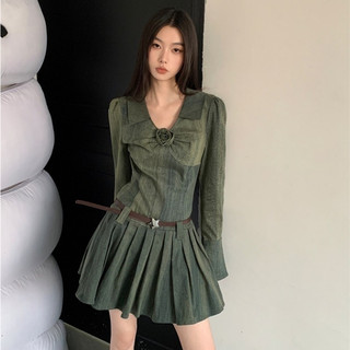 (HÀNG SẴN) váy (đầm) tay dài phối loe dáng ngắn xếp ly kèm belt - gocnhavit.fordaily