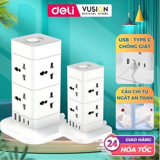  Ổ Cắm Điện Đa Năng DELI 3250W Cổng USB Type C Sạc Nhanh 20W Từ 2-12 Lỗ Cắm, Có Cầu Chì Tự Ngắt