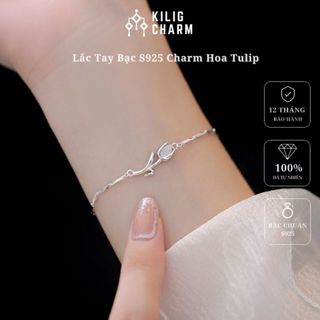 Lắc tay nữ bạc s925 mix charm hoa Tulip đính đá mắt mèo trắng thanh lịch KC38 - KILIG CHARM