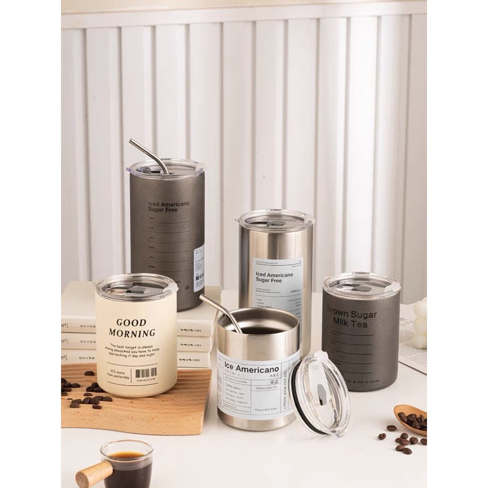 [KÈM ỐNG HÚT] Bình nước giữ nhiệt, ly giữ nhiệt Iced Americano inox 304 đúc liền khối cao cấp có nắp đậy | BigBuy360 - bigbuy360.vn