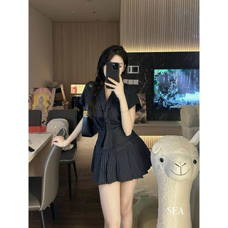 Set áo cavat kẻ mix chân váy[ Sẵn Ship]