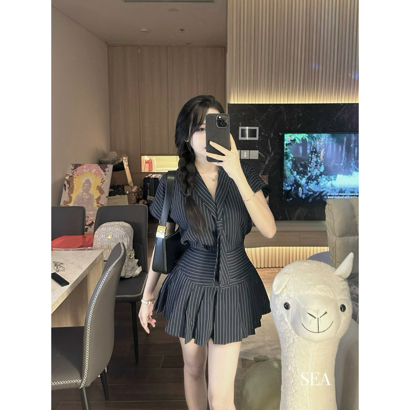 Set áo cavat kẻ mix chân váy[ Sẵn Ship]