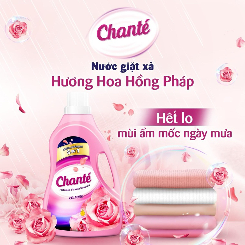 Nước giặt xả Chante' 3,1kg hương hoa hồng Pháp